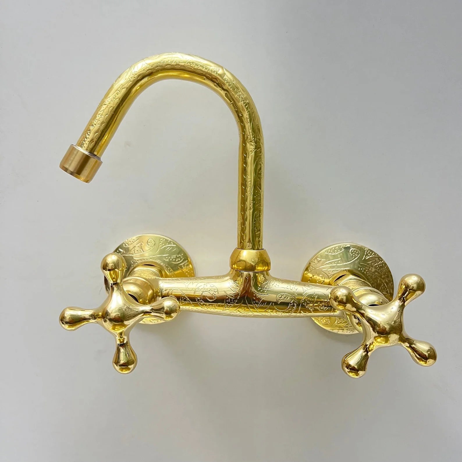 Engraved Brass Wall-Mounted Kitchen Faucet – Vintage Style