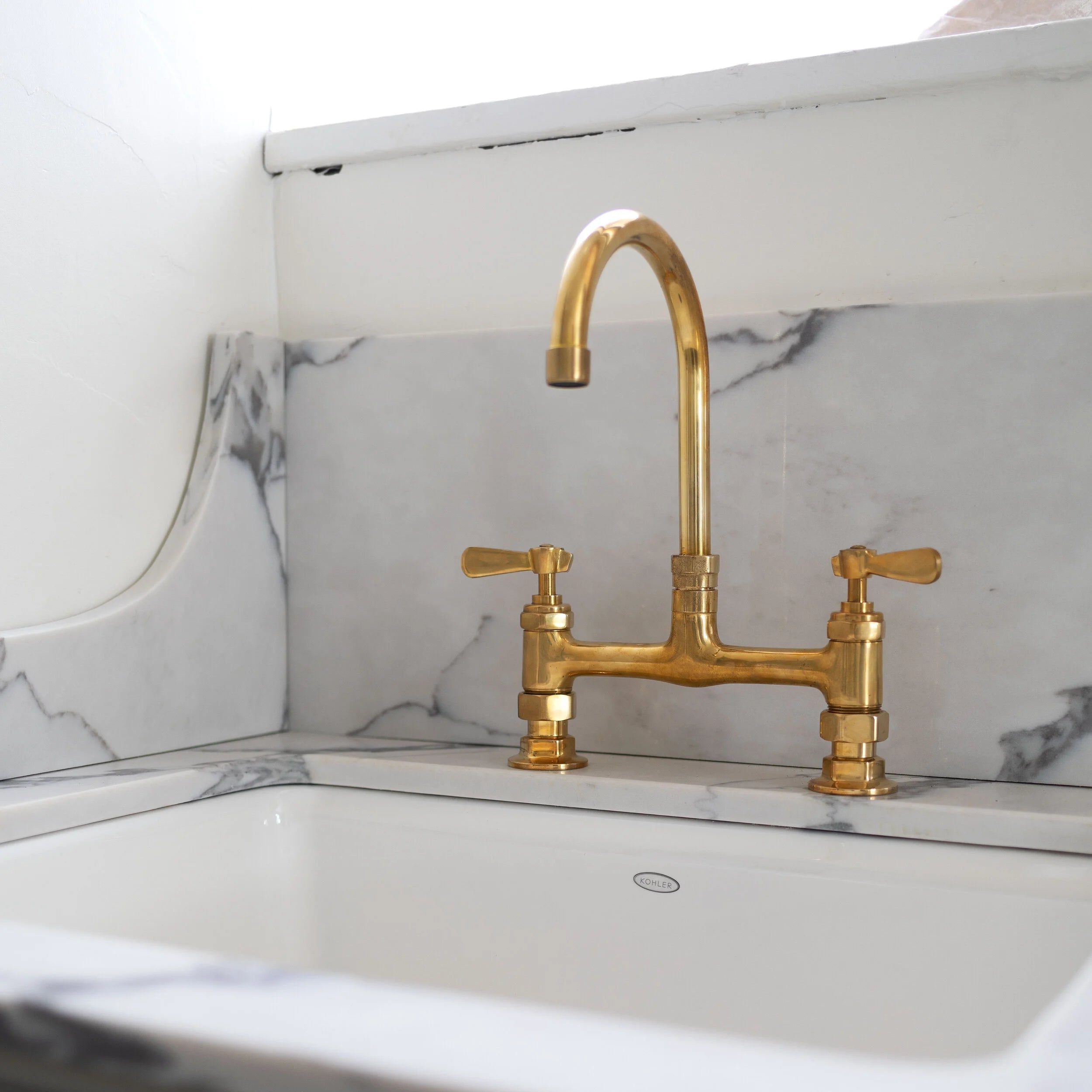 Unlacquered Brass Bridge Kitchen Faucet – Compact 12.5", 8" Spread